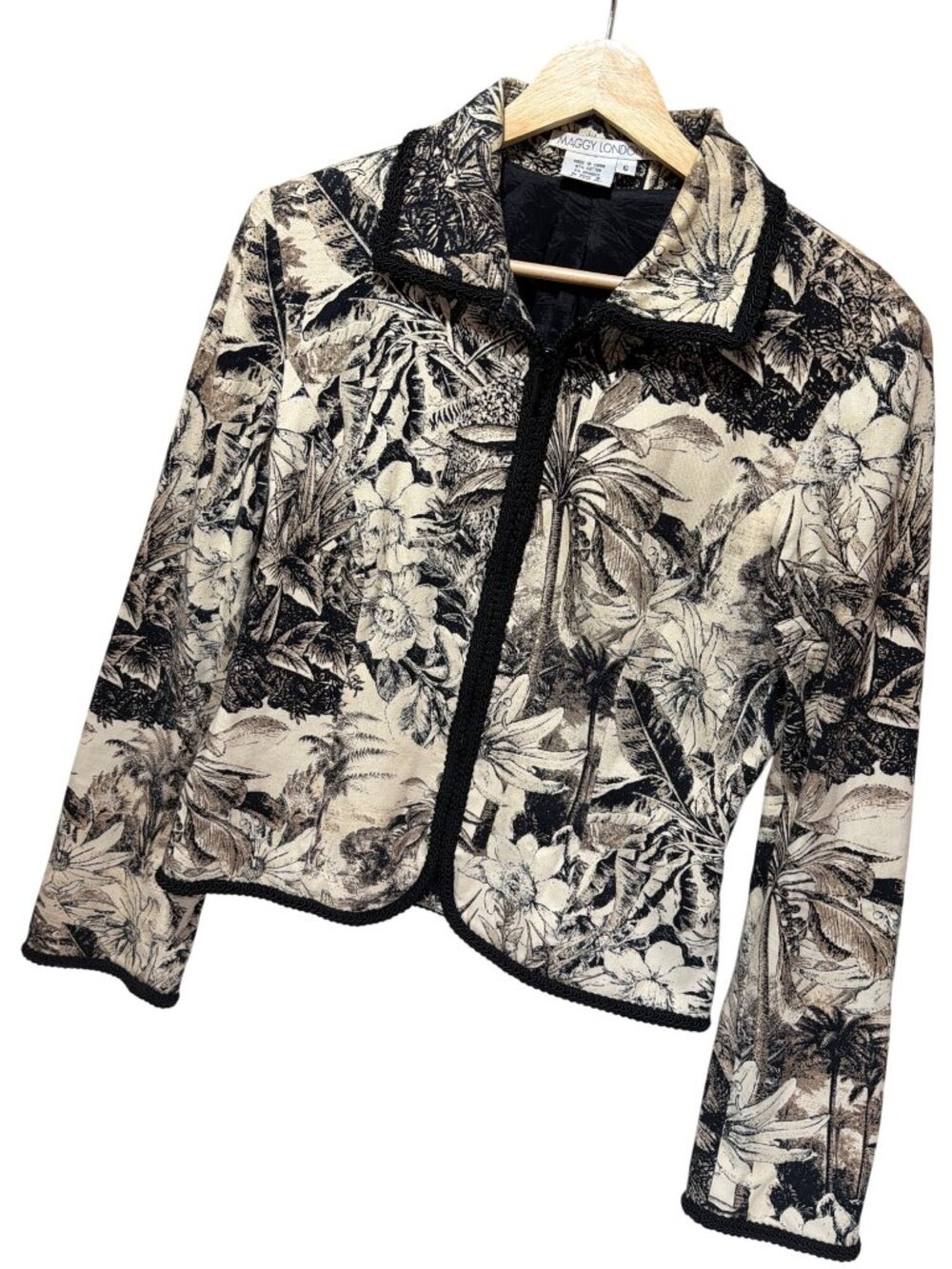 Maggy London Vintage Black & White Tropical Toile Cropped Full Zip Jacket With B